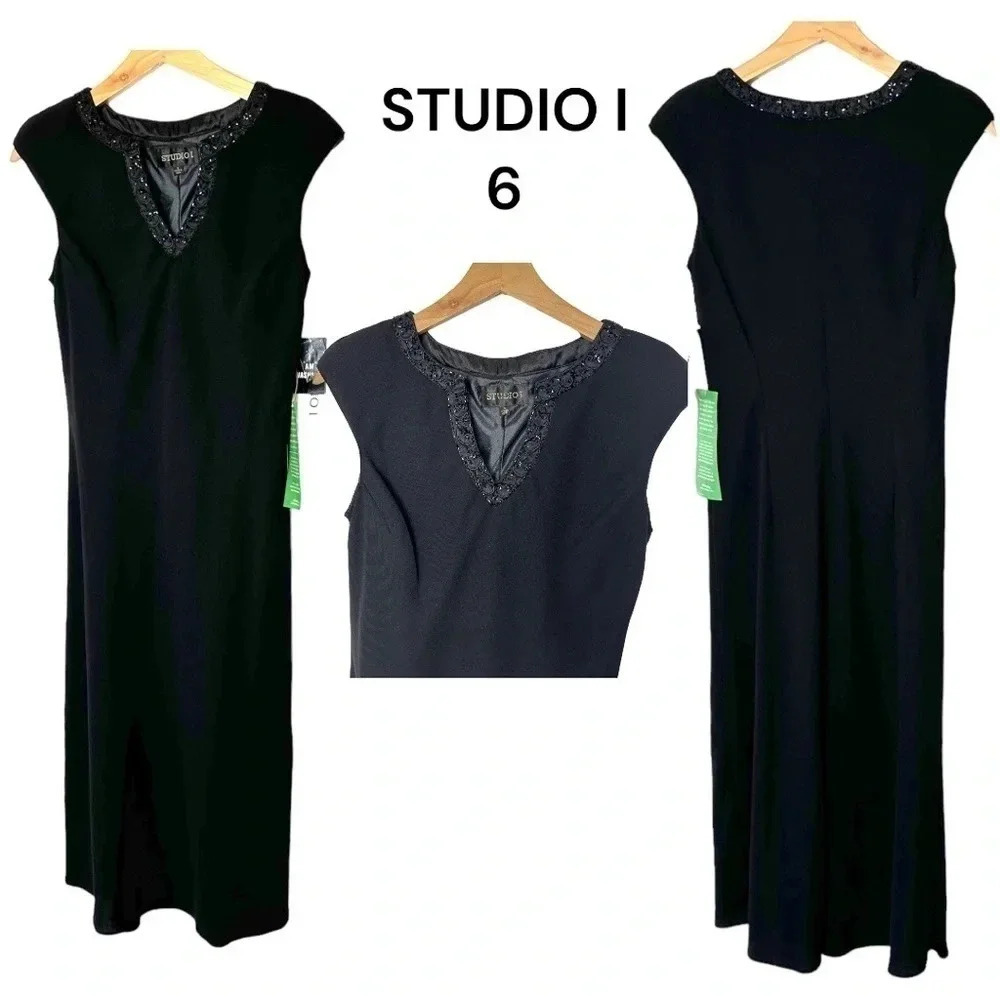 STUDIO I 6 elegant black cap‎ sleeve beaded v-neck gown NEW